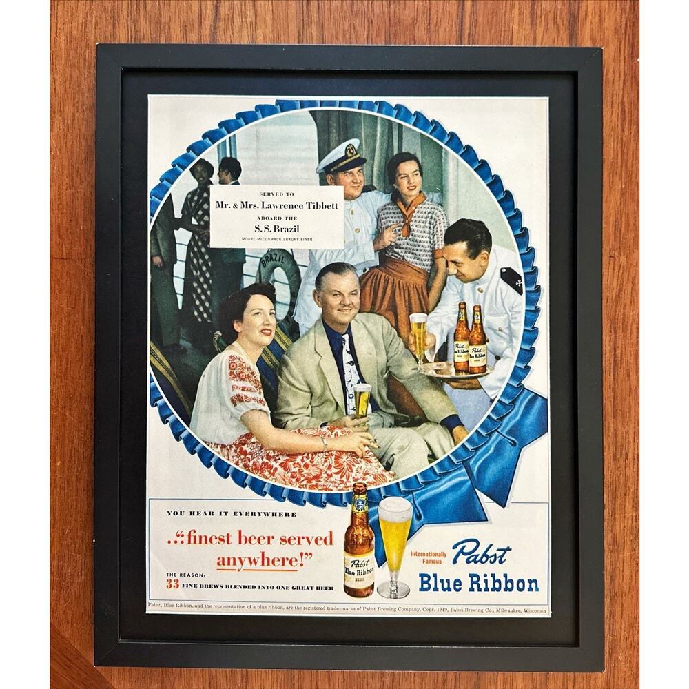 Framed 1949 Pabst Blue Ribbon Beer Print Ad Lawrence Tibbett S.S. Brazil
